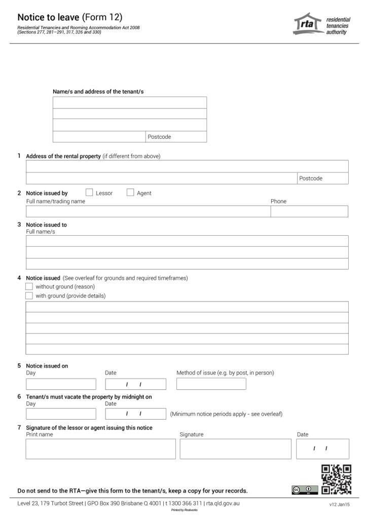 Sample form 12 notice to leave first page evict a tenant - Sample form 12 notice to leave first page