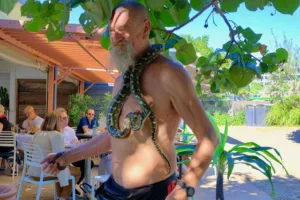 A-man-and-his-snake-at-The-Boat-Shed-in-Maroochydore