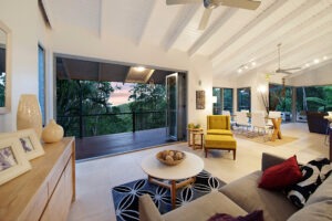 Interior photo of a home in Buderim with high ceilings looking out to the bush