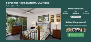 image of realestate.com.au house valuation tool showing the value of 5 Braemar Rd, Buderim
